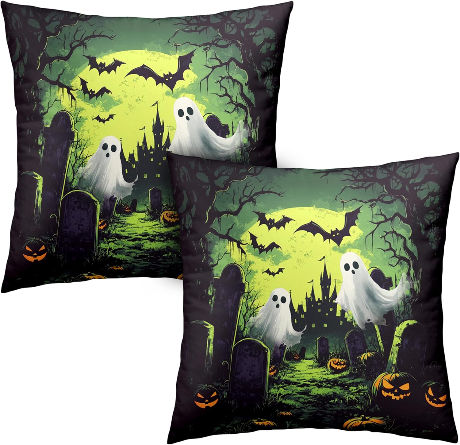 2 Pack Halloween Pillow Covers 18X18 Graveyard Ghost Throw Pillow Covers Horror Spooky Green Full Moon Night Pillow Case Bat Peach skin 18*18(CM)-2Pcs