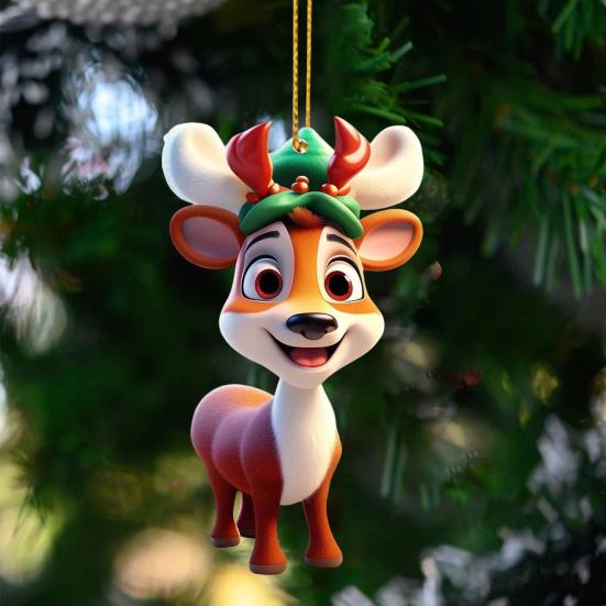 2D Flat Acrylic Elk Pendant Cartoon Deer Christmas Tree Decoration Car Rearview Mirror Hanging Charm for Auto Interior Accessories Xmas Tree Decor