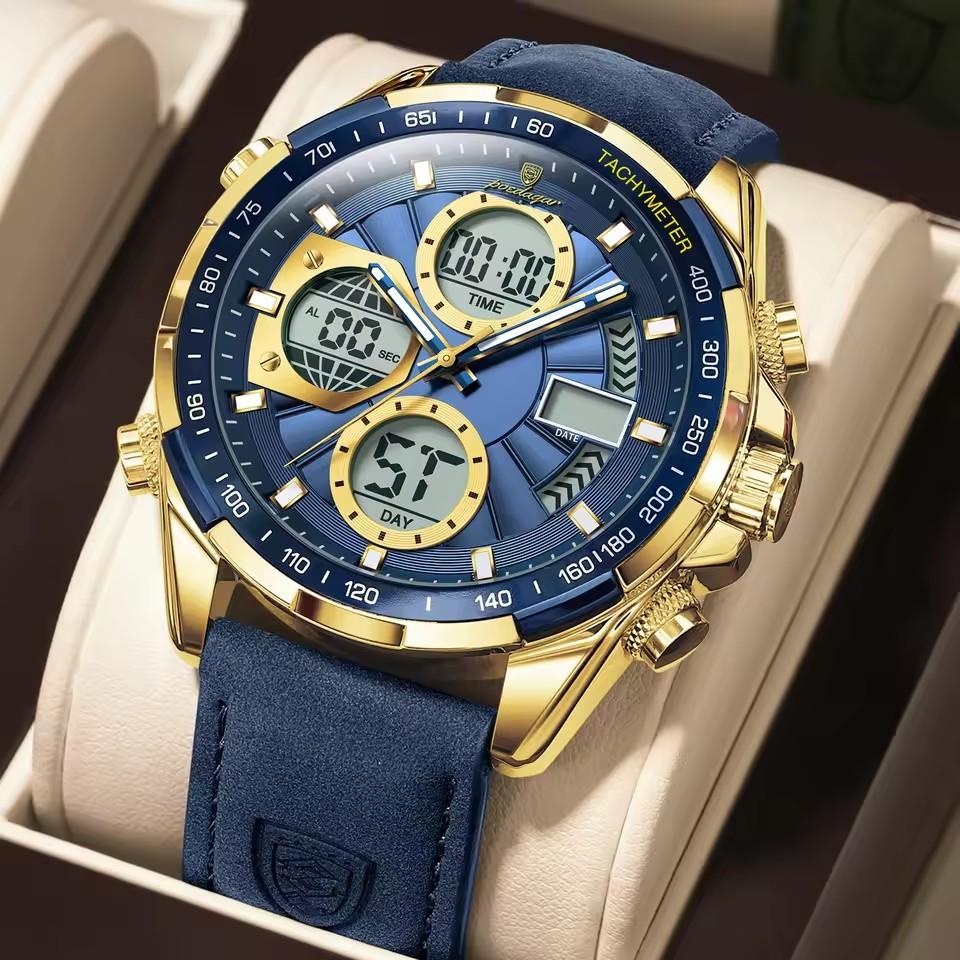 POEDAGAR 46mm Men Watch Luminous Week LED Digital Quartz Man Clock Dual Time Display Electronic Men's Watches Reloj E108