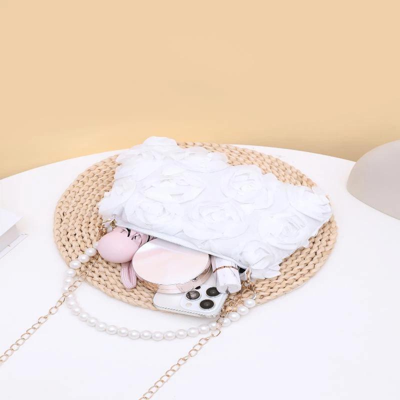 Elegant Women 3D Rose Floral Shoulder Bag Romantic Flower Pattern Pearl Handle Detachable Chain for Prom Graduation