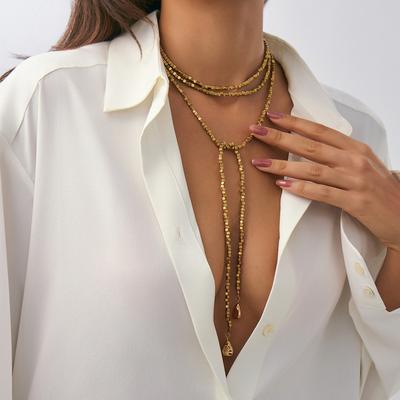 Beaded Crinkle Layered Necklace for Women, Gold Plated Stackable Long Chain, Dainty Jewelry Gift
