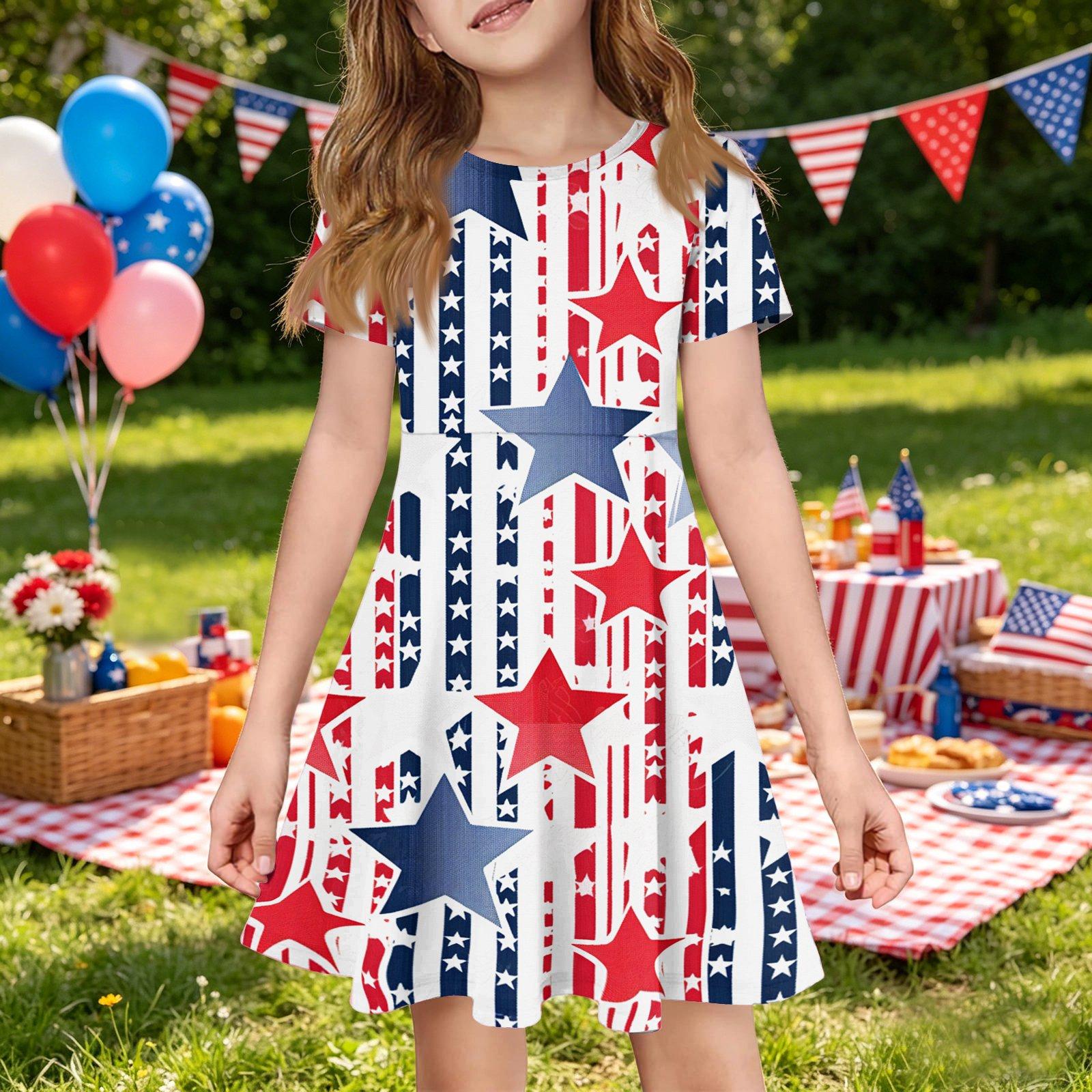

Girls Short Sleeve Dress with Pocket Independence Day Print Casual Comfortable Fit A-Line Skater Dress for Summer 130
