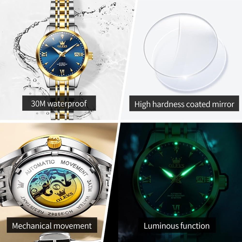 OLEVS Ladies Automatic Watch L9956 Two-tone Band Blue Dial Gold Luxury Diamond Waterproof Luminescent Date Elegant