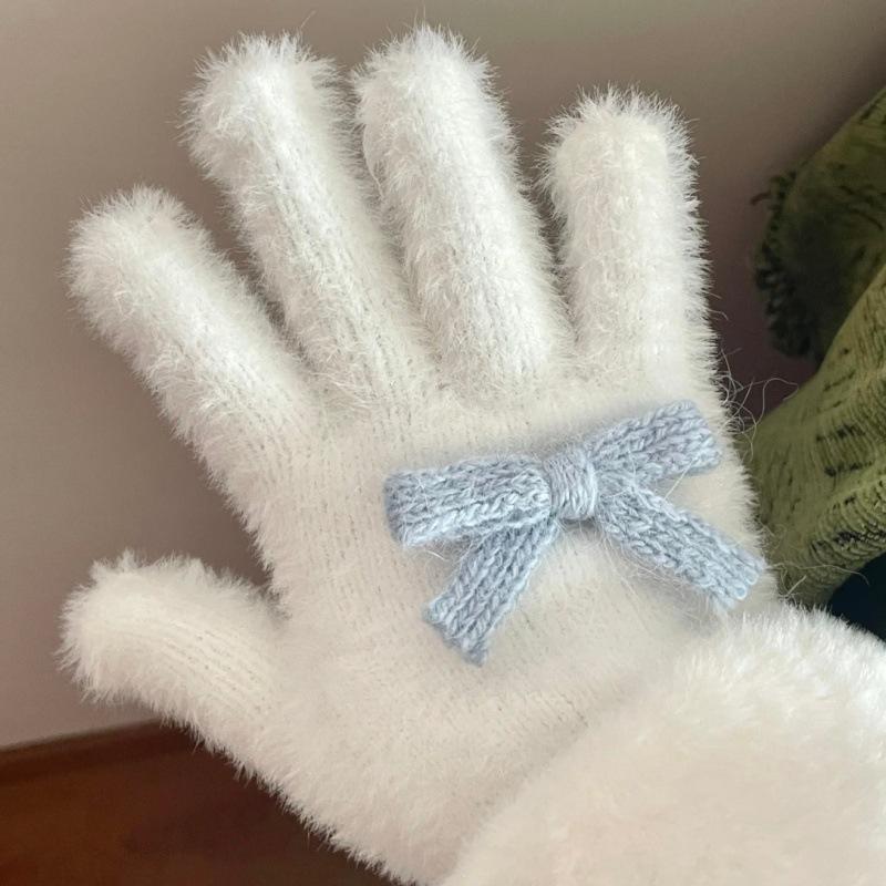 Cute Sweet Bow Pom-pom Plush Gloves Cold-Proof Gloves Student Winter Warm Five-finger Gloves Women Fashion Accessories Xmas Gift