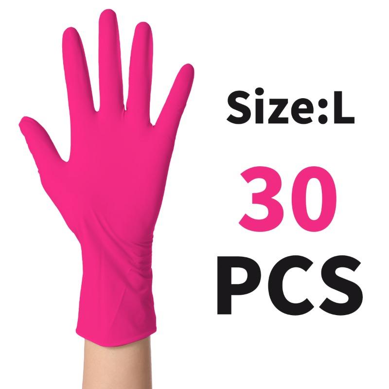 

30 шт. Высокоэластичные нитриловые перчатки розово-красного цвета, 9 дюймов, многоразовые нескользящие перчатки, одноразовые бытовые резиновые перчатки L