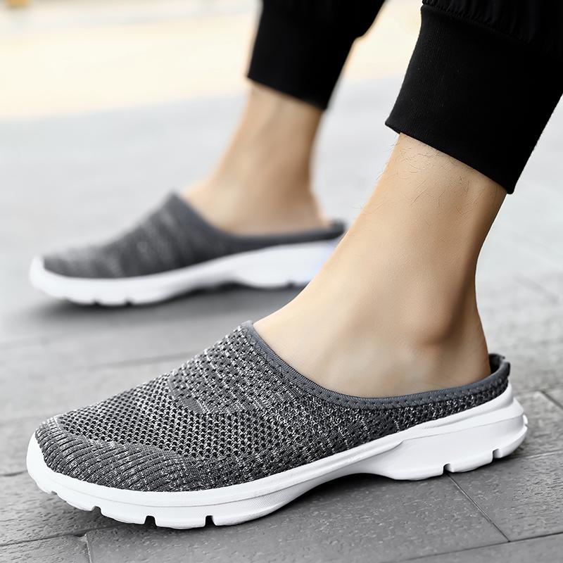 Unisex Slip-on Flats Round Toe Half Slippers Knitted Mesh Walking Shoes Lightweight Big Size 35-48 Leisure Shoes Anti-slip
