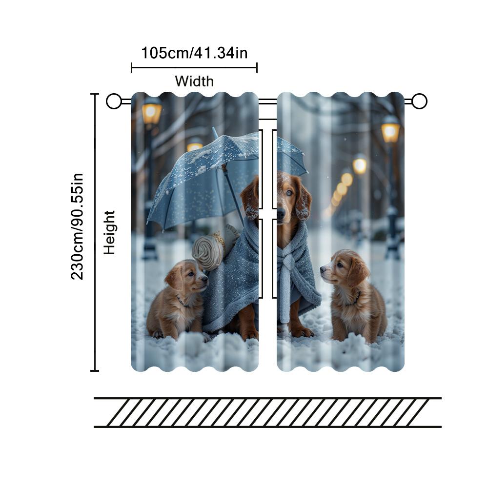 2 pcs, filtering curtains (excluding rods, non-movable, without batteries) a family of puppies in the snow for use in bedrooms