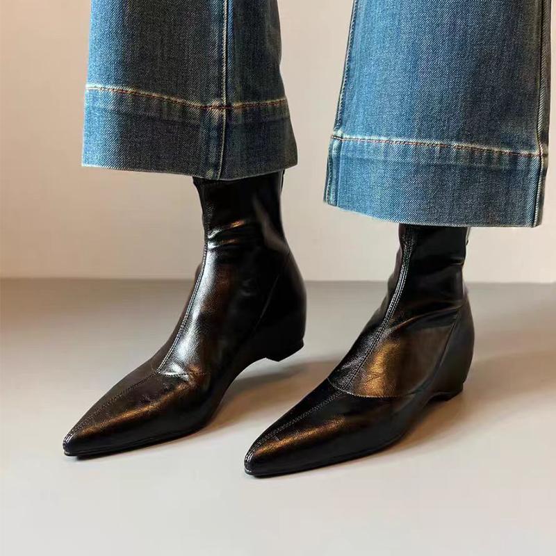 Pointed Toe Women's Boots Flats Fashion Retro Dress Shoes  Winter Chelsea Boots New Walking Goth Leather Trend Mujer Botas