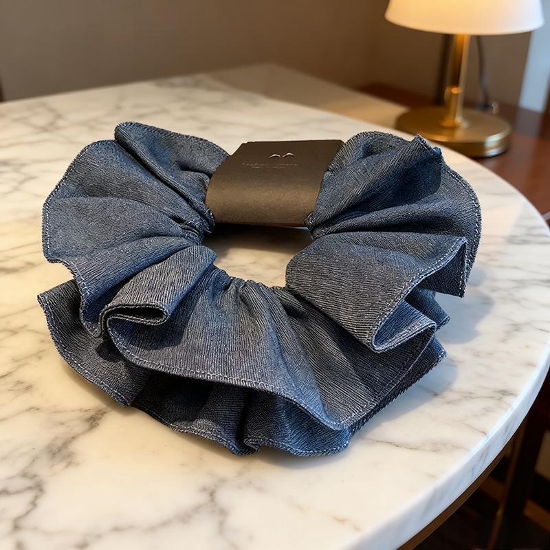 Koreanischer Retro Klassiker Doppellagiger Denim Blau Plissiertes Haargummi Elastisches Band