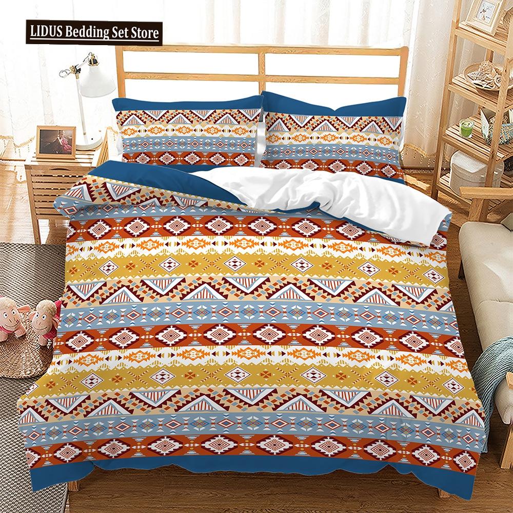 Bohemian Duvet Cover Set 3 Pieces Trellis Striped Ethnic Boho Vintage Quilt King Queen For Boy Girls Teens Polyester Bedding Set