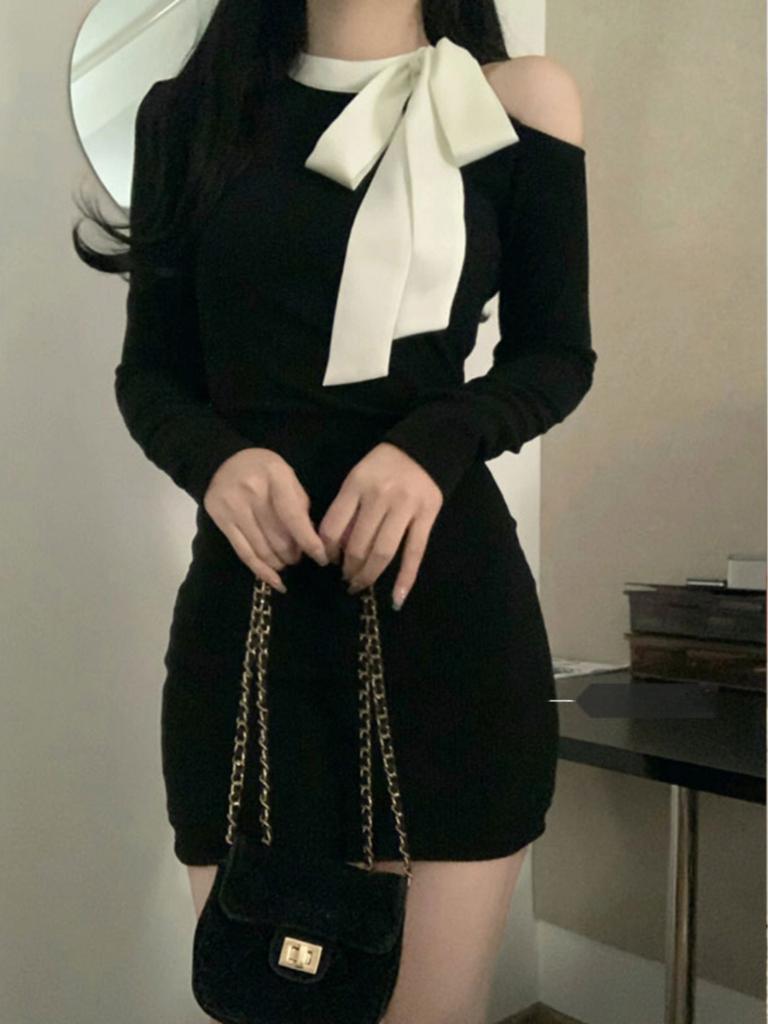 Black Off Shoulder Elegant Slim One Piece Dress Women Autumn Winter New Gyaru Sexy Party Dresses Korean Fashion Bow Y2k Short Dress