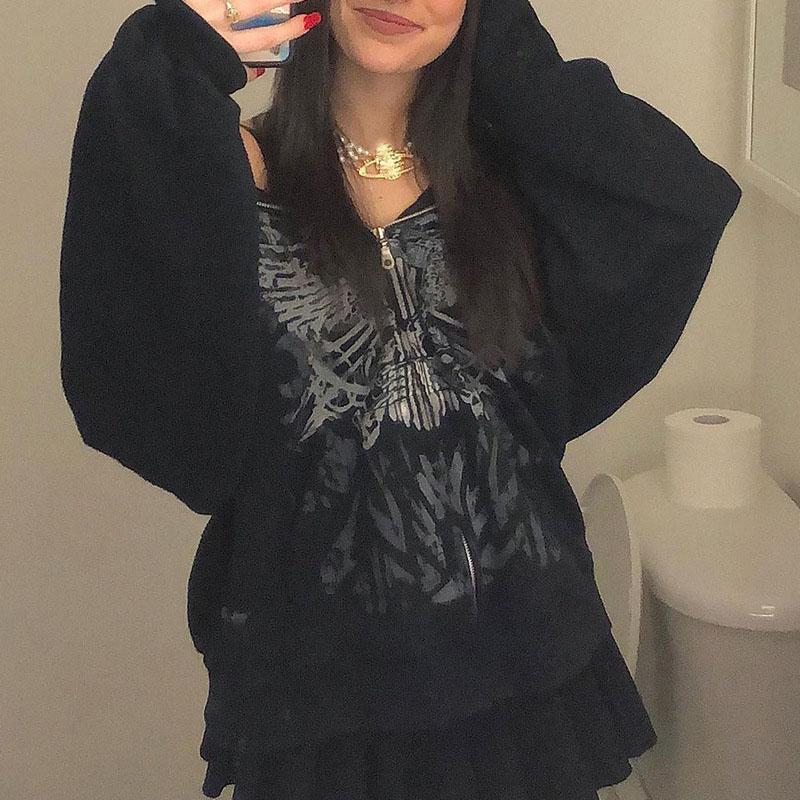 Y2K Grunge Punk Butterfly Print Zip-up Hoodies Mall Goth Streetwear Black Hooded Coat Long Sleeve Autumn Loose Jacket