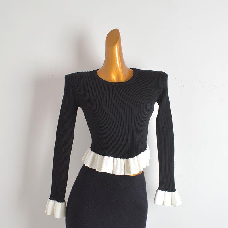 French Style Vintage Ruffled Splicing Knitwear Women's Spring & Fall New Arrival Silm Slimming and Short Pullover Bottoming Shirt Tops