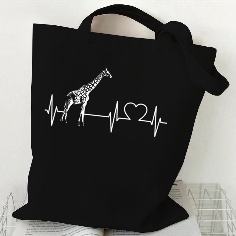 Vintage Giraffe Print Lightweight Pattern Designer Shopper Bag Heartbeat Giraffe Reusable Folding Design Canvas Shopping Bags