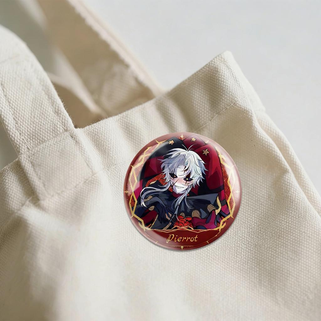 Round Metal Badge with Glitter Finish Featuring Circus Pierrot Character Design Durable Collectible Pin for Bags Jackets and Accessories