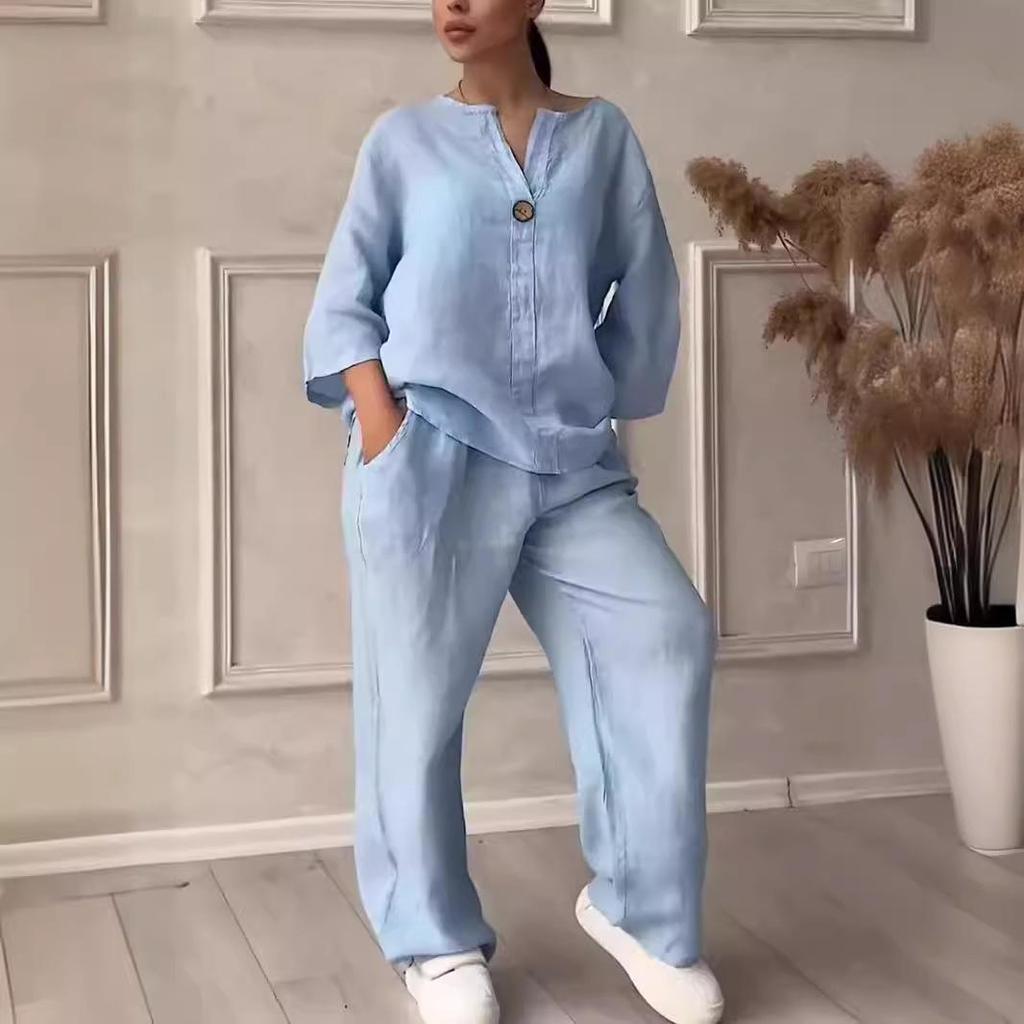 Women Casual Solid V Neck Set Fashion Autumn Spring Two Piece Set Sets Shirt Wide Leg Pant Long Sleeve Suit