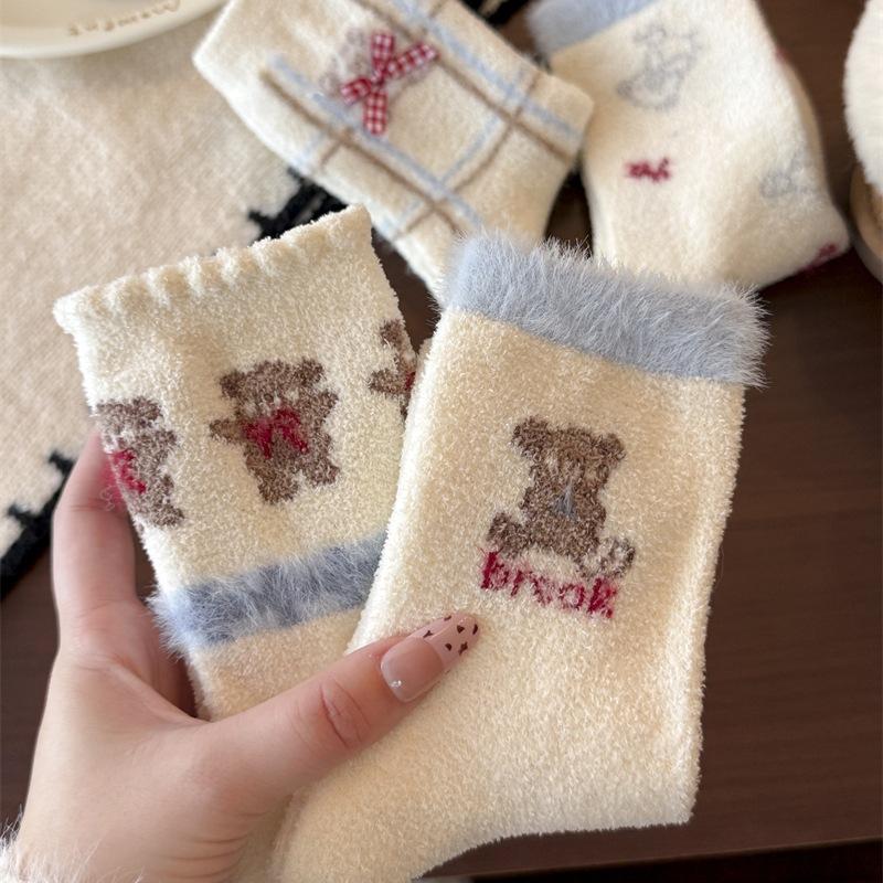 Baby Fleece Is Coming~ Jiefiti Thickened Thermal Socks Plaid Bow Cartoon Bear Stacking Socks
