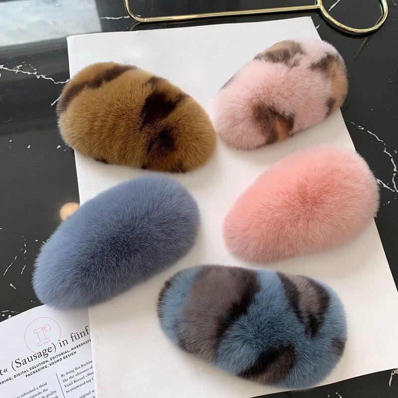 Girls Plush Hairpin Natural Rabbit Fur Women Bangs Hairpin