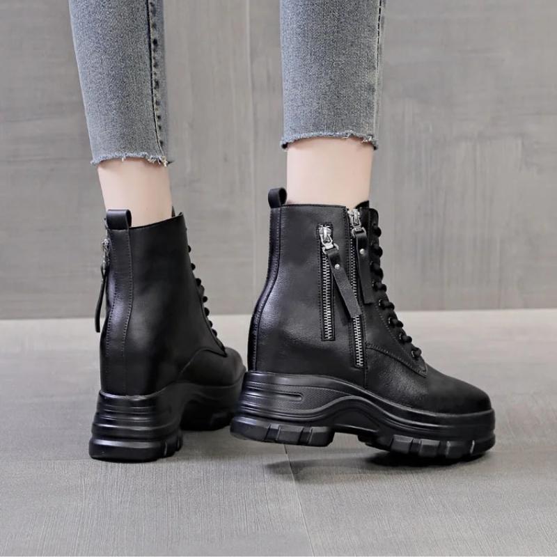 Fashion 2025 New 9cm Autumn Winter Warm Ankle Boots For Women Real Cowhide Solid Color Height Increasing Wedges Platform Short Boots
