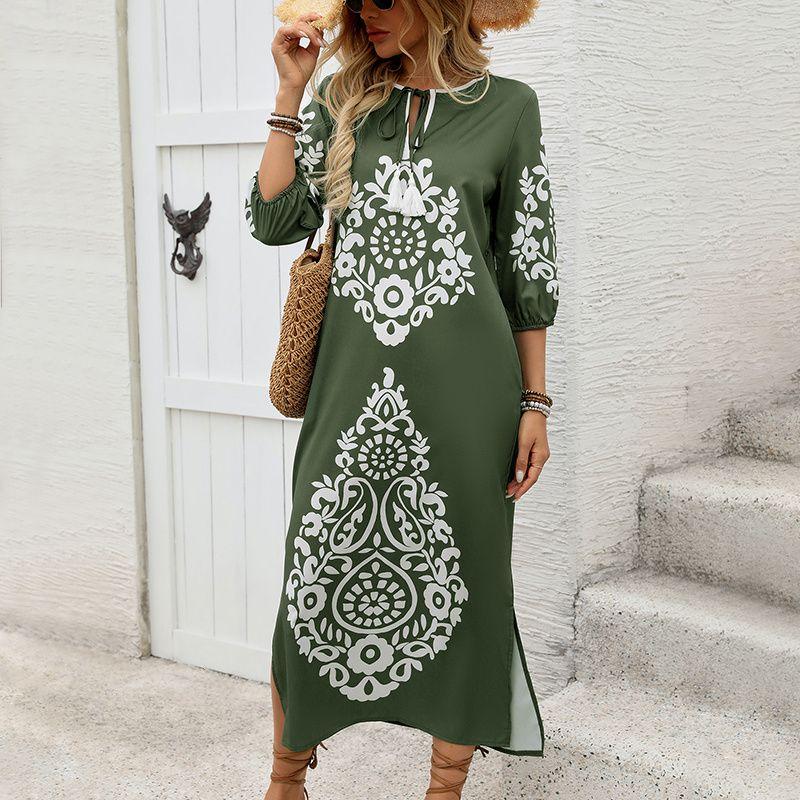 

Fashion Women Dress Print Ladies Skirt Fashion Ethnic Style Print Women s Dress Green XL