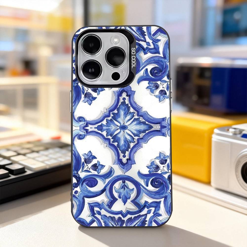 Blue White Porcelain Art Phone Case For iPhone 11,12,13,14,15,16,17,Pro,Max,Plus,E,Air,Mini IMD Matte Black