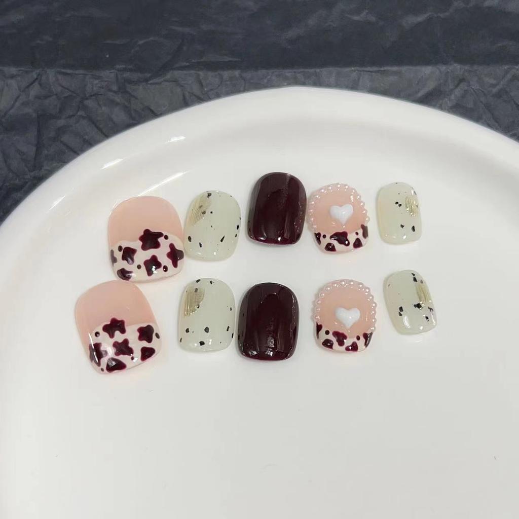 Wearing Armor Pure Handmade Manicure Finished Fake Nail Patches Ins Cute Pearl Love Cream Short Nail