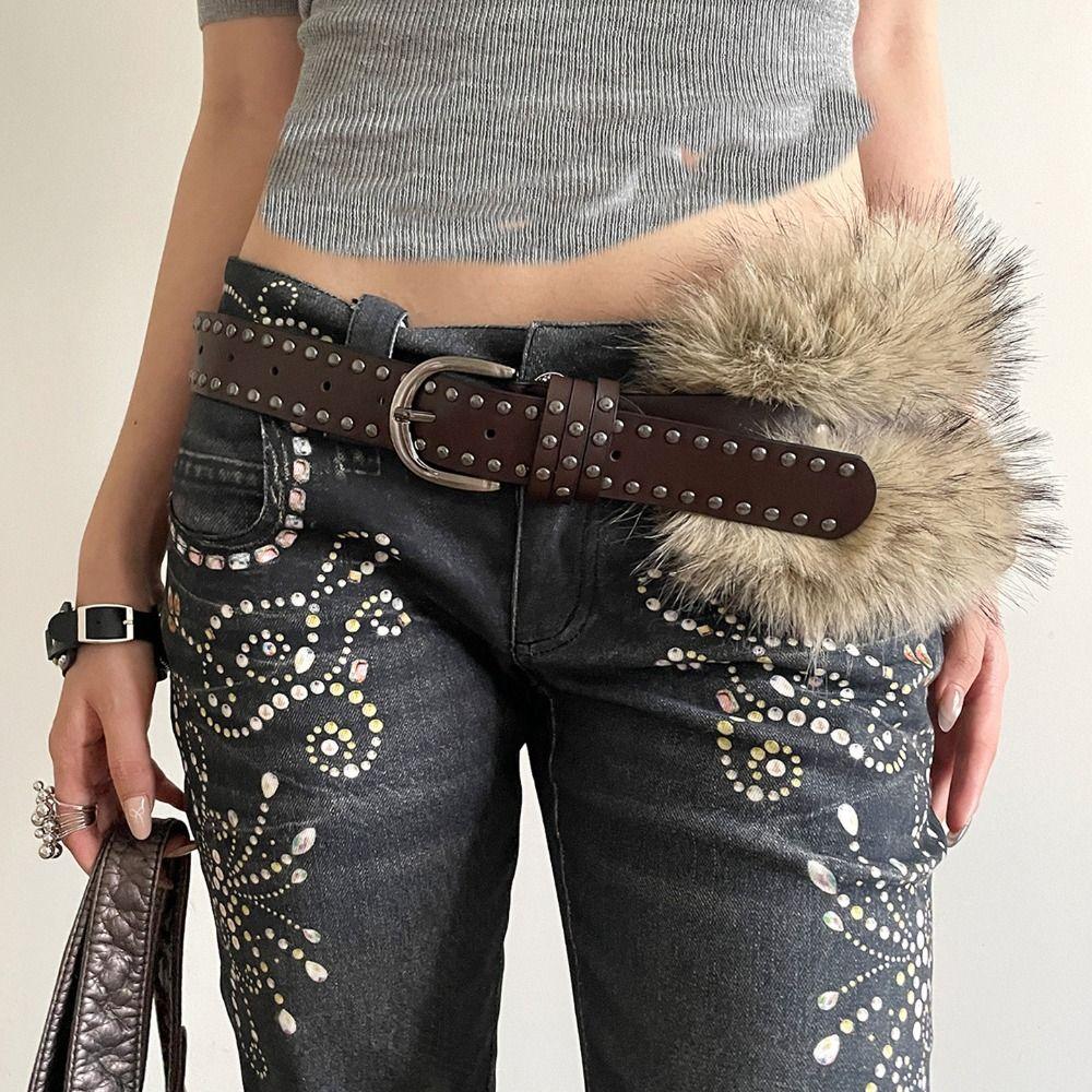 Vintage Rivet Leather Fur Belt Faux Fur Punk Y2K Waistband Retro Versatile Belt Women