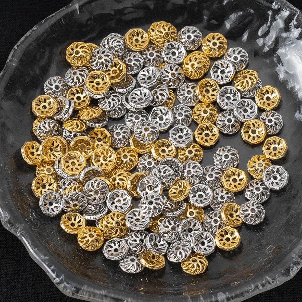 18K Gold Plated Segmented Hollow Wheel Flower Bead Caps Bracelet Necklace Crafts Round Bead Cap DIY Jewelry Making Accessories