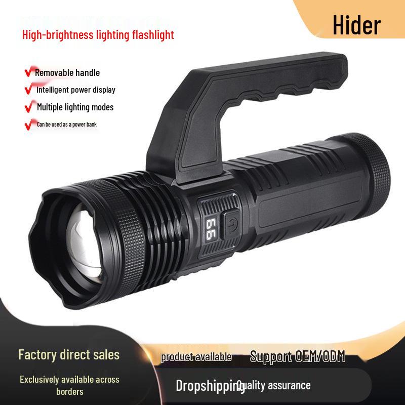 High-Brightness Long-Range Rechargeable LED Zoom Flashlight with White Laser and Digital Display for Outdoor Use