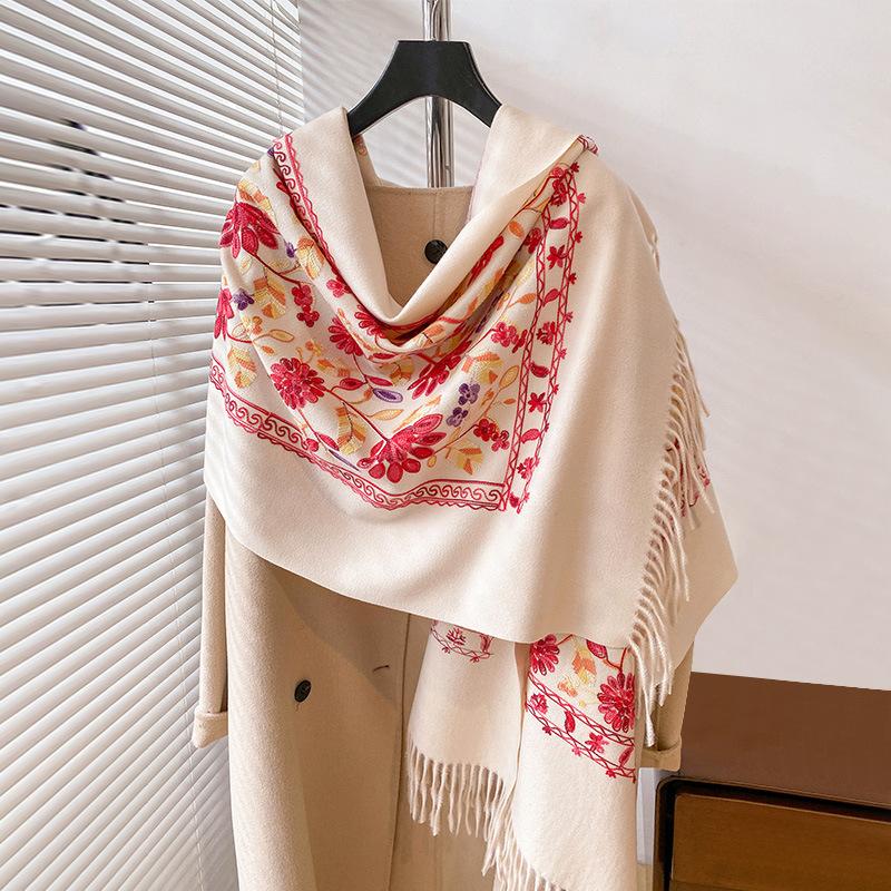 Plant Flower Embroidery Retro Literary And Ethnic Style Women'S Warm Scarf Core-Spun Yarn Fringe