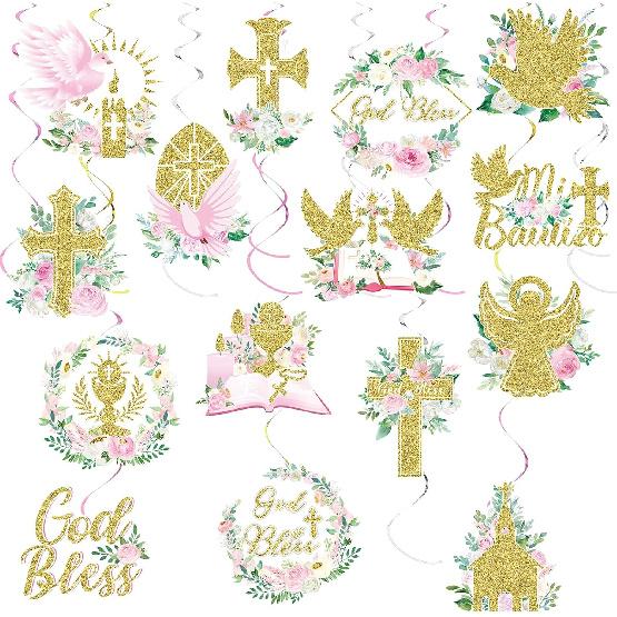 36 Pcs Gold Floral Cross Hanging Swirls Decorations Set, First Holy Communion Ceremony Religious Party Swirls Streamers Supplies Ceiling Decor for