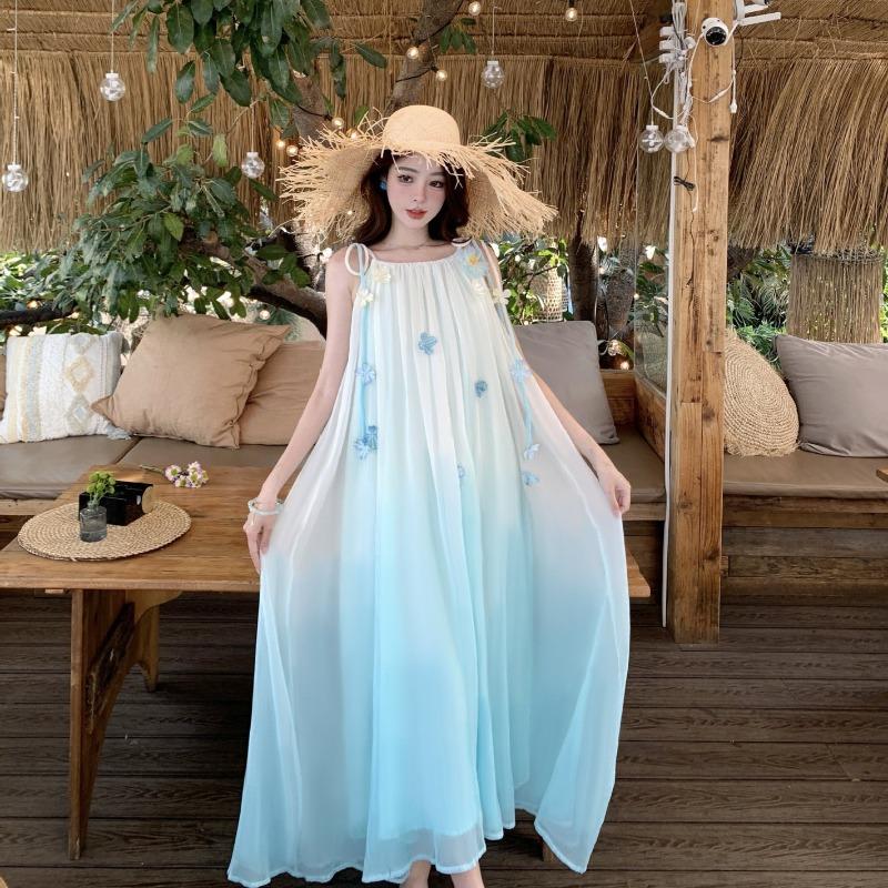French Dopamine Fairy Seaside Vacation Blue Gradual Change Suspender Dress Female Flower Lace-up Long Dress