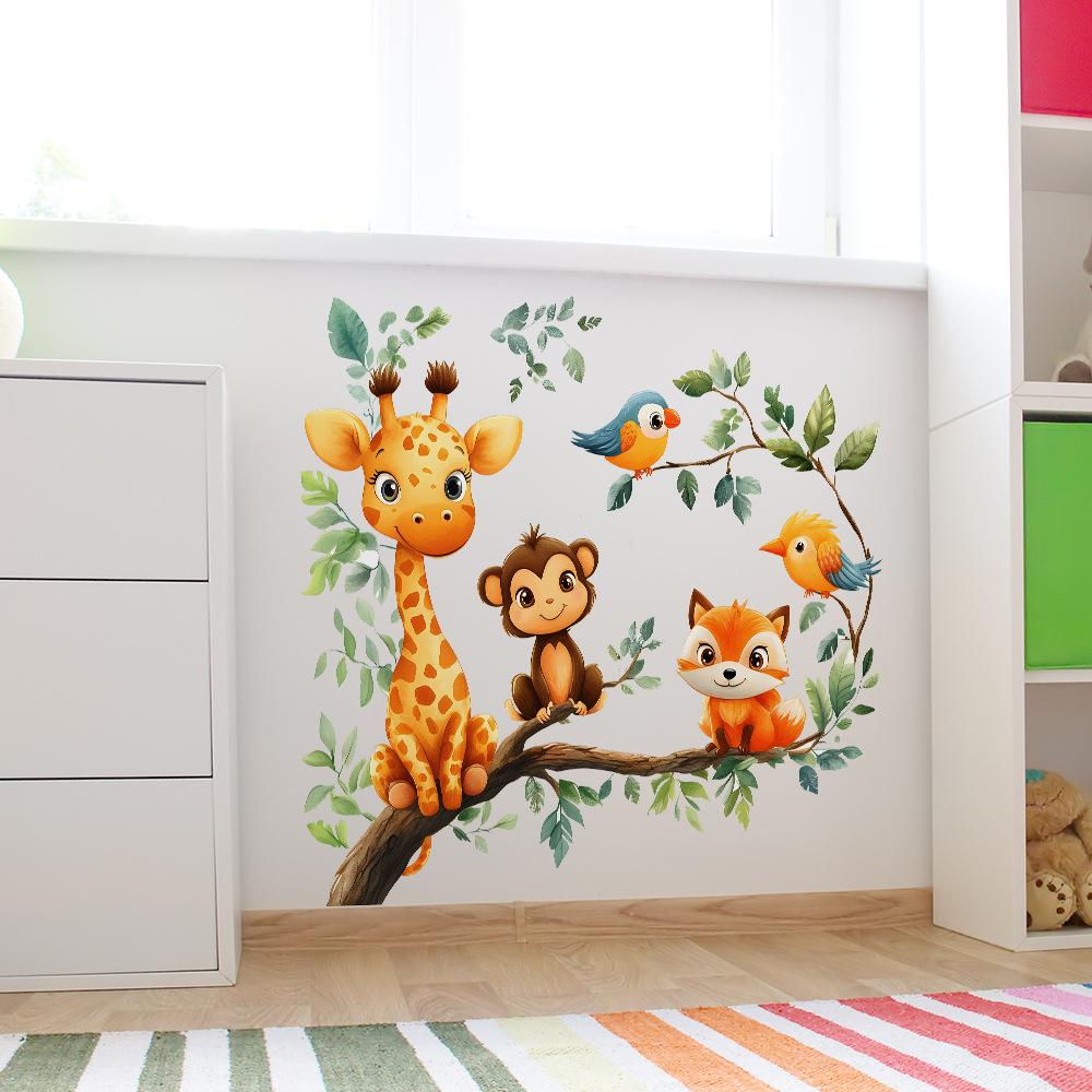 2 Pcs Tree Branches Cartoon Animals Bedroom Living Room Home Background Beautification Decoration Wall Stickers