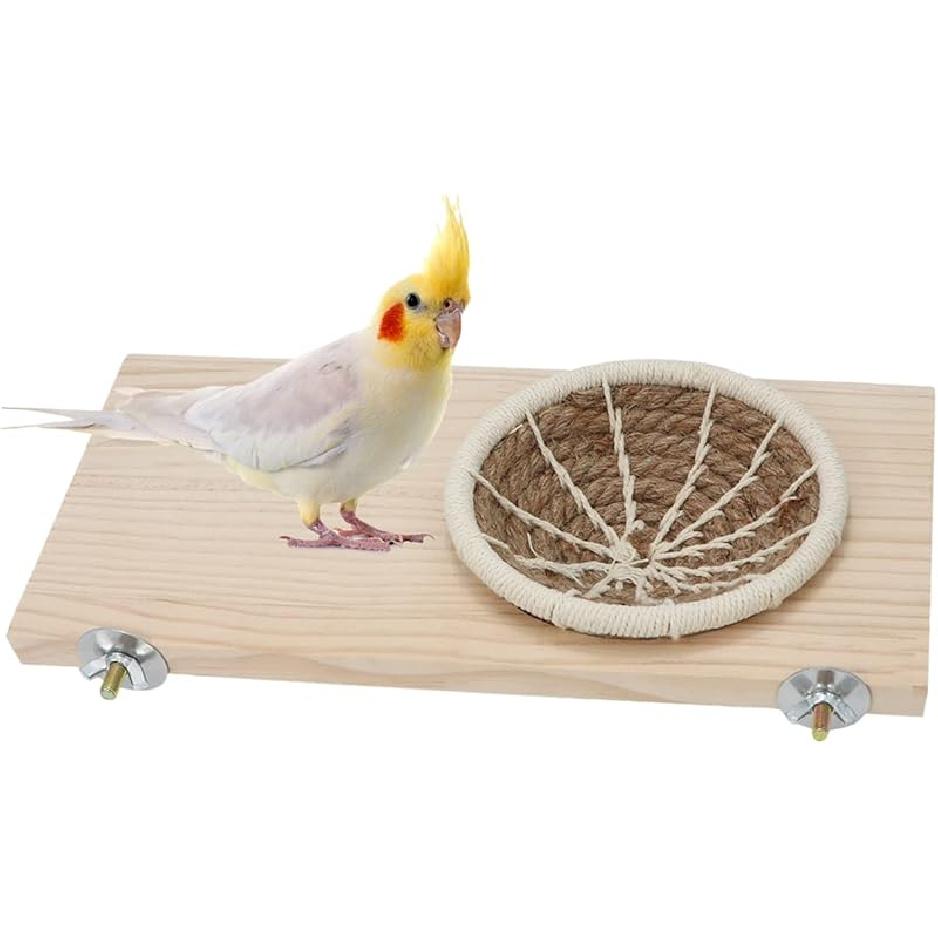 Wontee Bird Perch Stand with Nest Bird Breeding Nest Bed Wooden Platform for Budgies Parakeets Cockatiels Conures (M) M