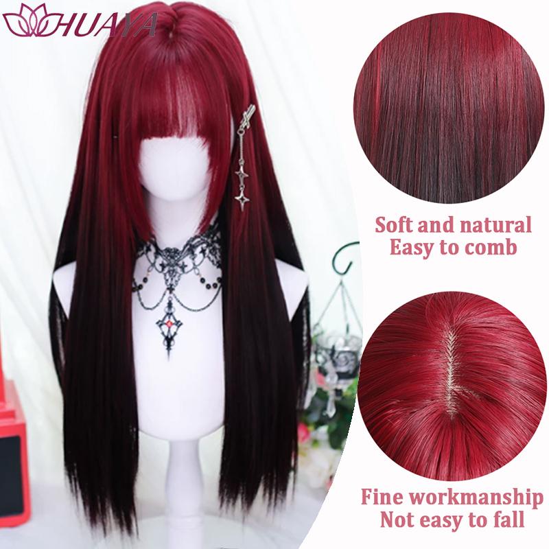 Parrucca Lunga Dritta Ombré Rosso-Nero per Halloween, Fibra Sintetica con Frangia, Parrucca Cosplay Facile da Indossare per Donne