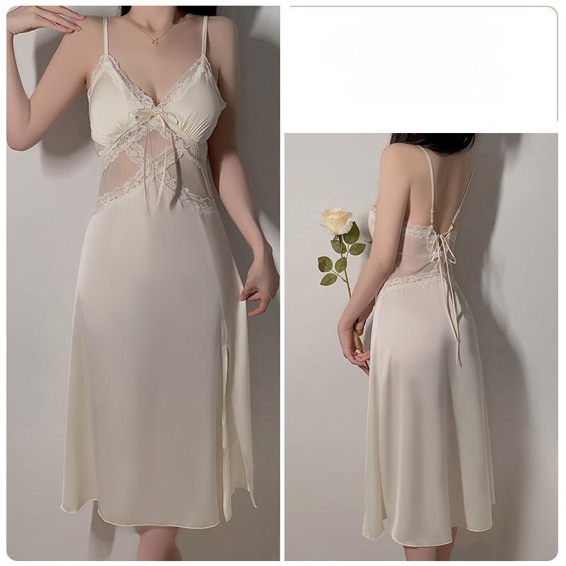 Women’s Sexy Sheer Mesh Lace Backless Nightgown Deep V Padded Lace Up Nightdress Cami Sleep Dress