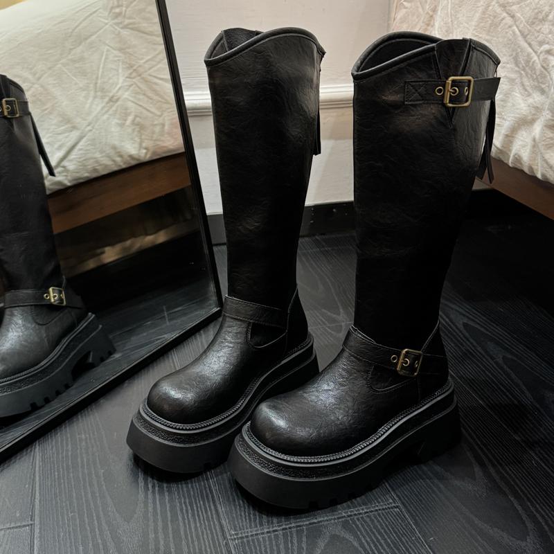 Winter Platform Thick Heel Woman Knight High top Fashion Belt Buckle Female Punk Retro Long Booties De Muje
