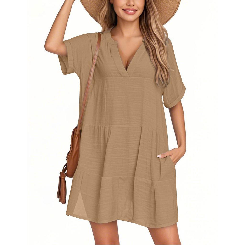 Women's Fashion Smock Casual Short-sleeved V-neck T-shirt Dress Holiday Beach Dress