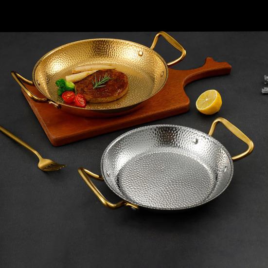 Fry Pot Saucepan Hammered Stainless Steel Paella Cooker Double-Handle Seafood Fried Chicken Plate Non-Stick Korean Flat Kitchenware