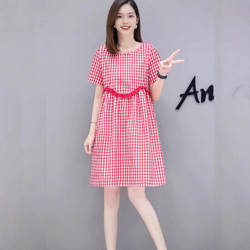 

Summer 2025 Plaid Loose Waist-Gathering Plus Size Korean Dress L