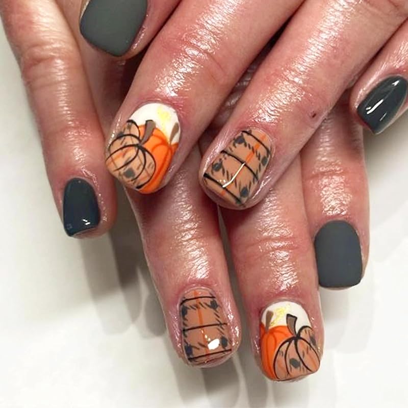 Fall Press On Nails Medium Square Fake Nails with Designs Maple Leaf Stick On Nail Thanksgiving Acrylic False Nail Bling Sequins Artificial Nail