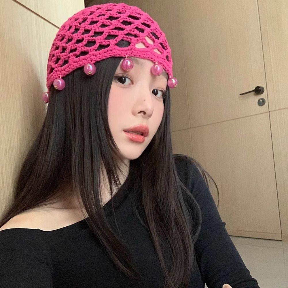 Round Beads Crochet Hollow Tassels Knitted Hat Hollow Out Ethnic Style Hat Knit Beanies  Girls
