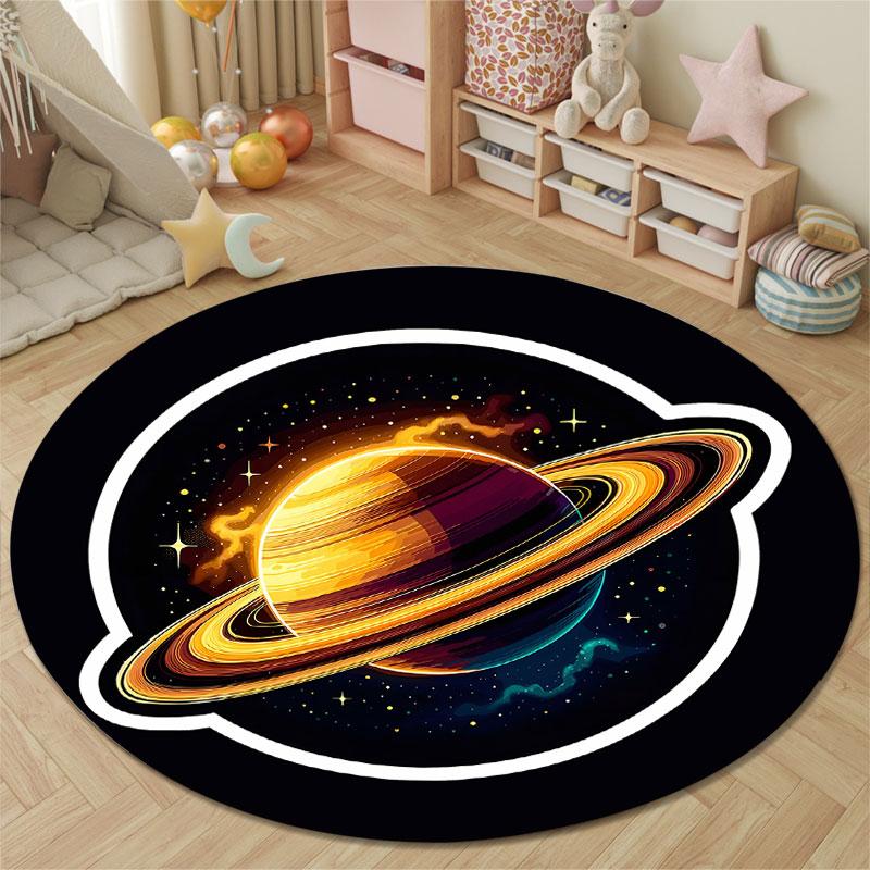Cute Saturn Planet Ring Black Round Rug, Gold Cozy Style, Perfect for Small Apartment Balcony and Terrace with Cozy with Warmth with Cool Shade