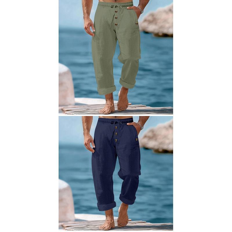 Men Solid Color Linen Loose Drawstring Button Casual Long Pants