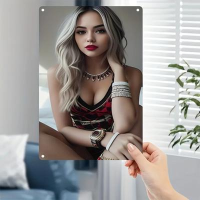 HD Metal Tin Sign Glam Blonde Girl In Luxury Outfit Wall Art Retro Metal Plaque for Home Bar Decor X Inch