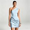 European and American satin single shoulder hip skirt women's slanted shoulder pleated sexy slim nightclub party dress dress
