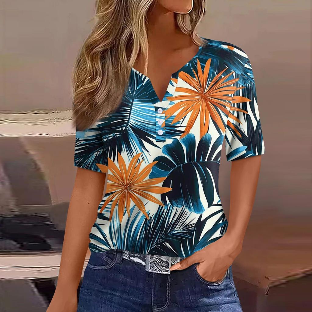 Women's T Shirt Print Button Short Sleeve Daily Weekend Fashion Basic V- Neck Regular Top