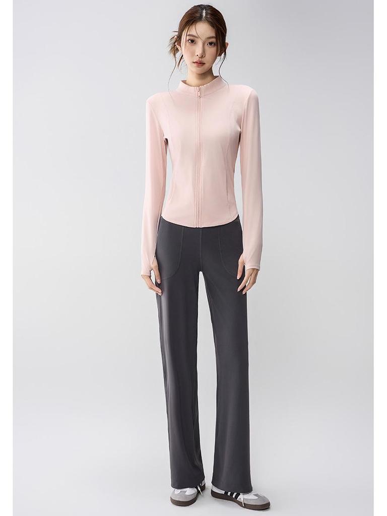 Full-Zip Yoga Suit with Pockets: Slimming Long Sleeve Top for Running & Fitness