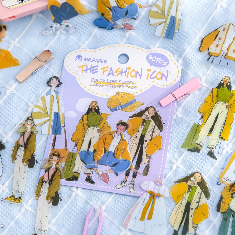 Pan Papier Seria Kolorowe Życie Naklejki Kreskówkowe 30 Arkuszy Do Scrapbookingu Dziennika DIY, Planera Kolażu Pamiętnika Dekoracja Artykuły Plastyczne