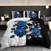 Set Of 3Pcs Featuring Blue Roses And Skulls This Gothic Bedding Ensemble Includes A Duvet Cover And Two Pillowcases